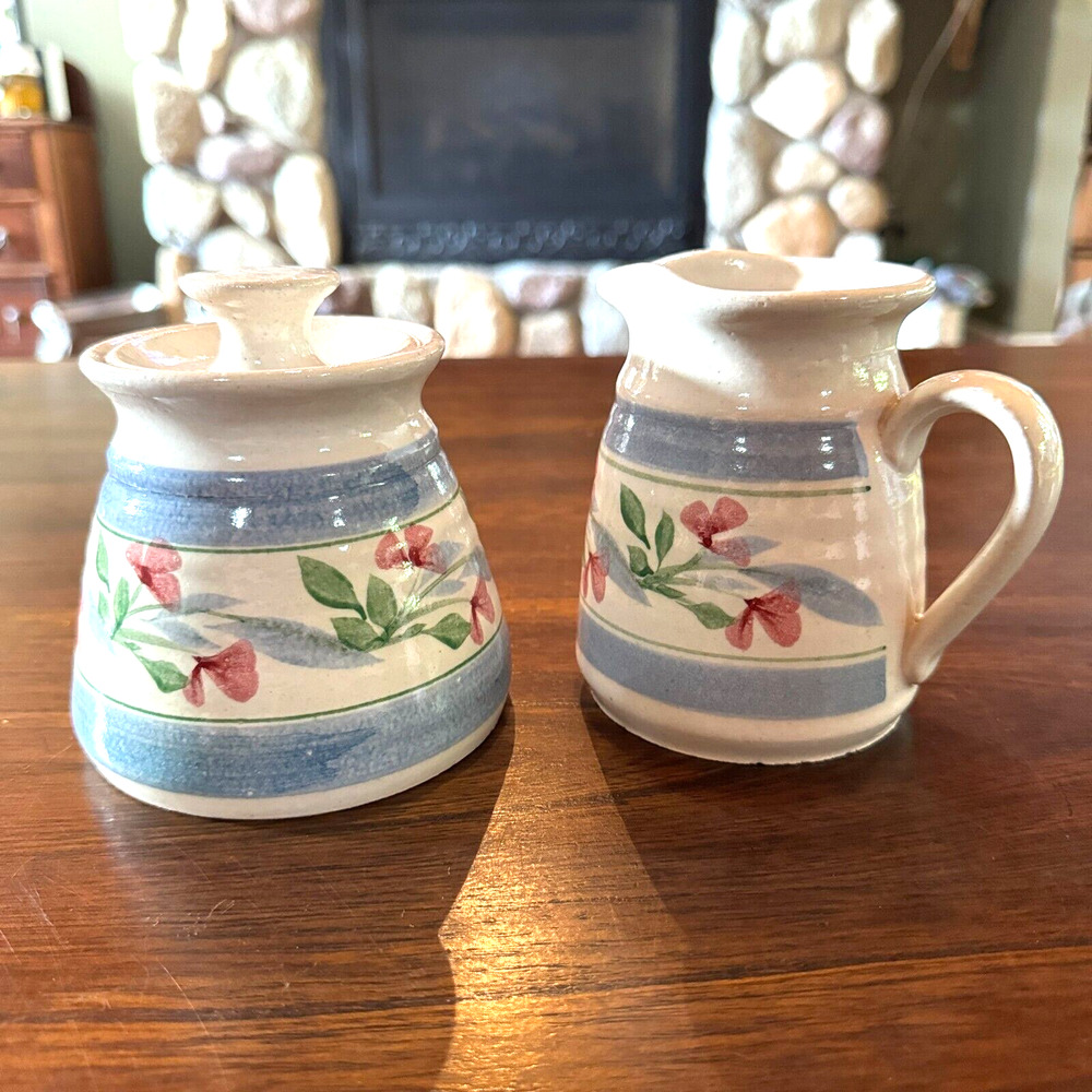 Creamer and Sugar Bowl w/Lid Stoneware Pottery White Blue with Pink Flowers